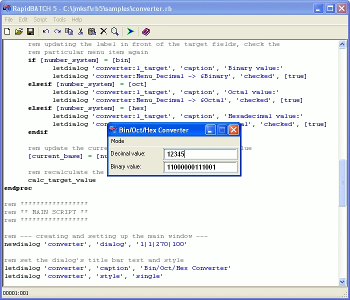 Screenshot of RapidBATCH 5 with its Windows XP-based IDE